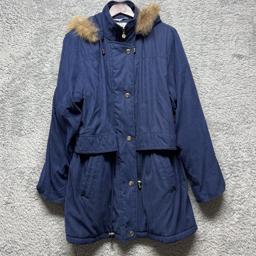 Bernardo Parka Coat Jacket Large Blue Raccoon Fur Hood Water Wind Resist Vintage